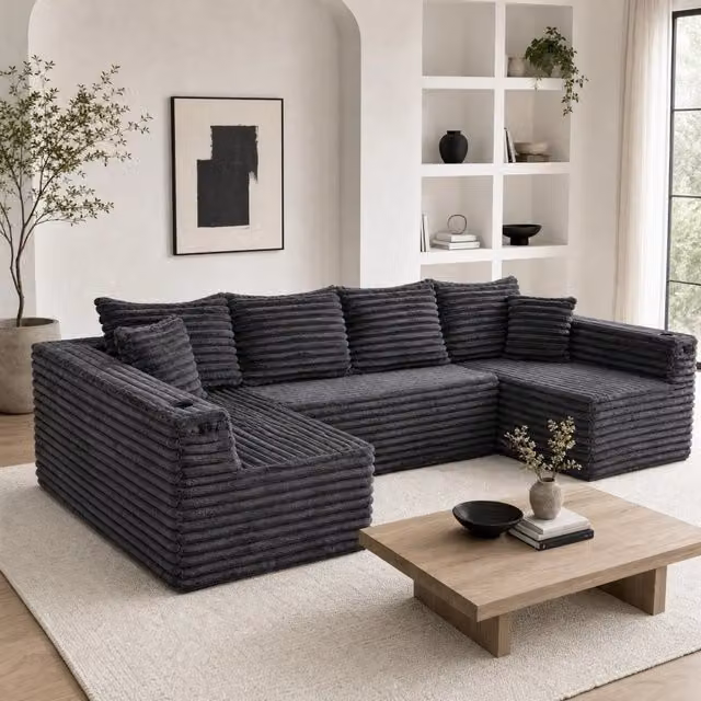 Divano panoramico modulare a U MIVRAY in velluto a coste grigio antracite con portabicchieri e 4 cuscini L: 320 cm, P: 88 cm, H: 43 cm