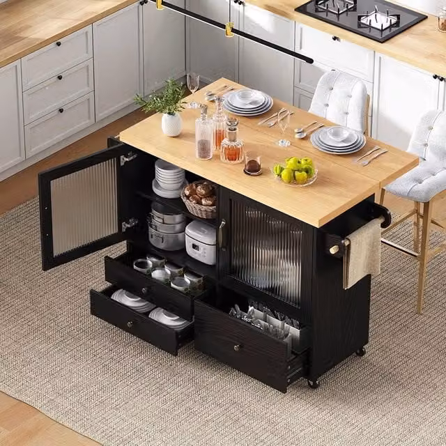 Isola da cucina mobile Xylo con tavolo allungabile e ruote, nero