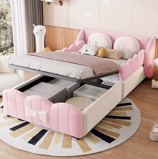 Letto singolo imbottito per bambini 90x200 cm in velluto rosa con contenitore idraulico