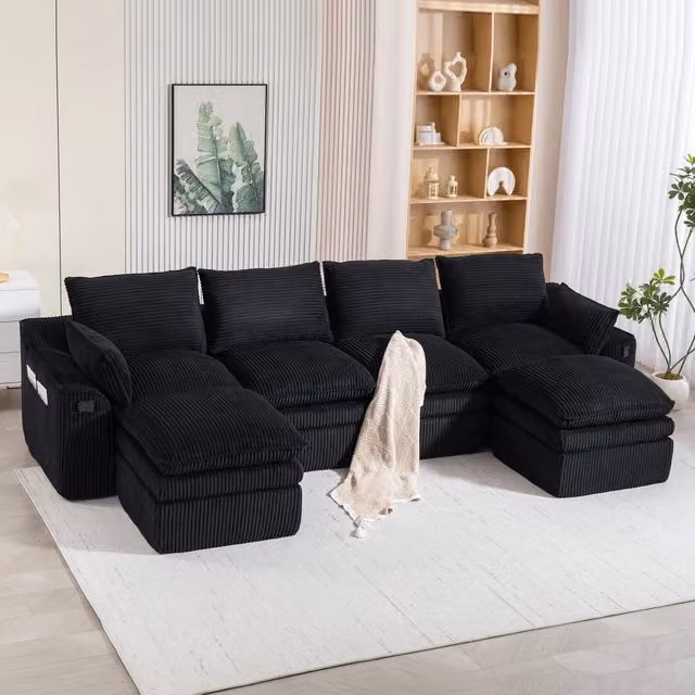 Divano Modulare 4 Posti MINIMAL Nero con 2 Poggiapiedi, Design a L con Tessuto a Coste e Cuscini Inclusi