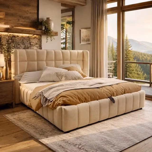 Letto contenitore imbottito ULEVR 180x200 cm con rete a doghe, struttura in metallo e rivestimento beige