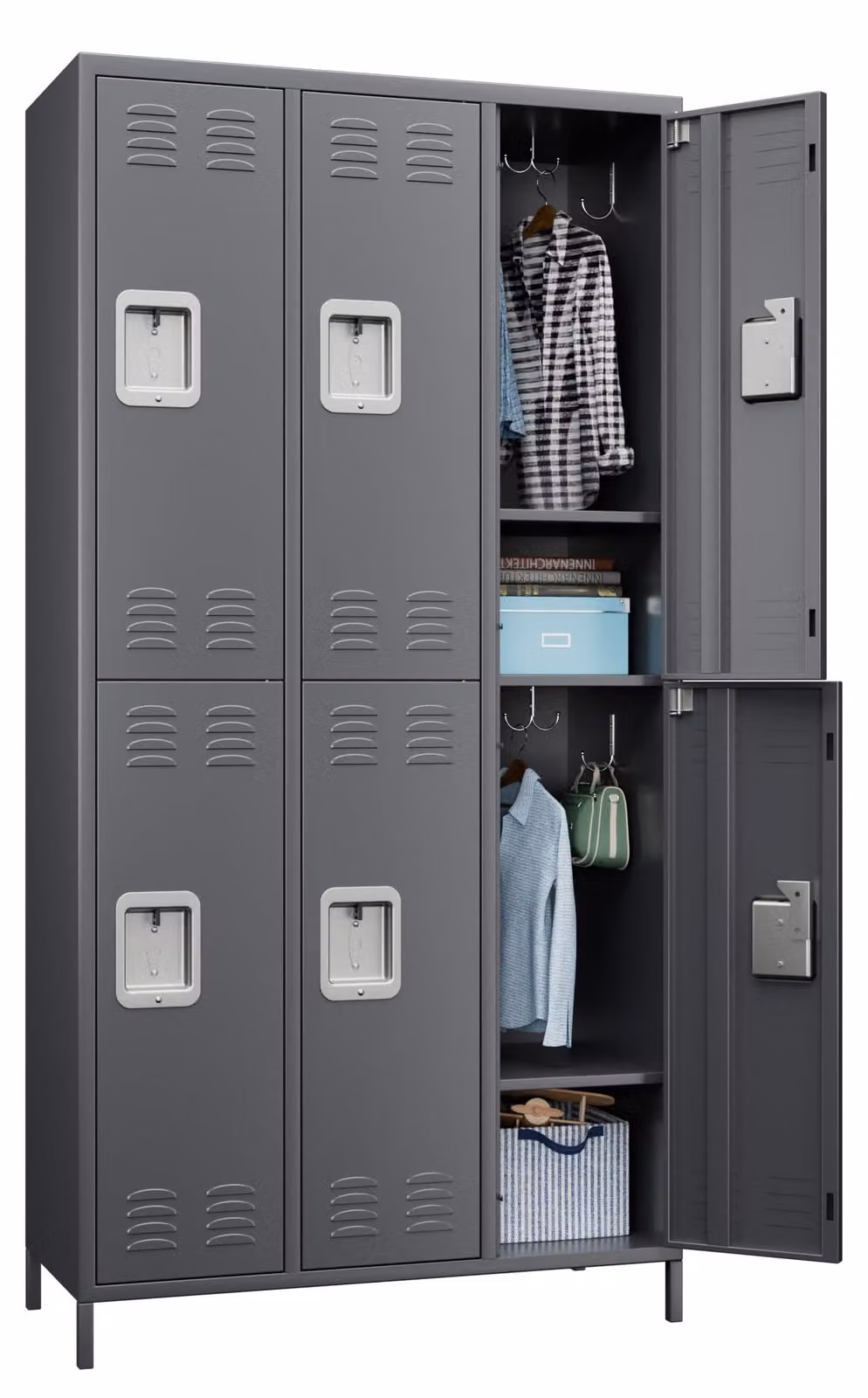 Armadio metallico, 6 scomparti, dimensioni 183x90x40 cm, colore grigio scuro, con sistema di ventilazione
