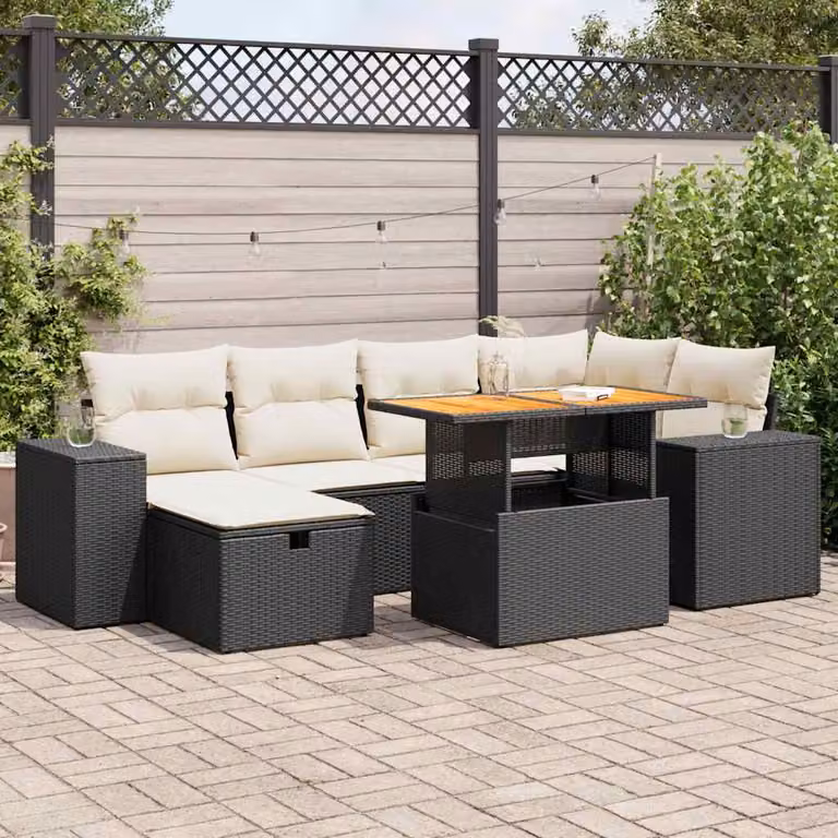 Set di divani da giardino vidaXL in rattan e legno di acacia con 8 cuscini, colore nero e bianco