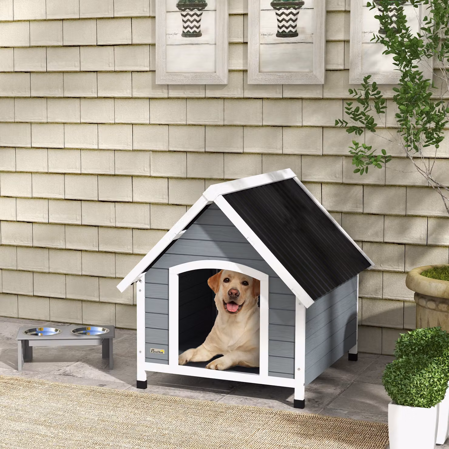Casetta per cani PawHut in legno grigio per esterni con pavimento rimovibile L 84 cm x P 99 cm x H 87 cm – 2