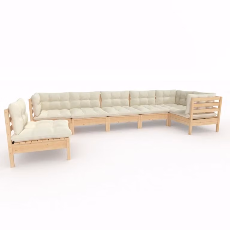 Set Salotto da Giardino 7pz con Cuscini Crema in Legno di Pino