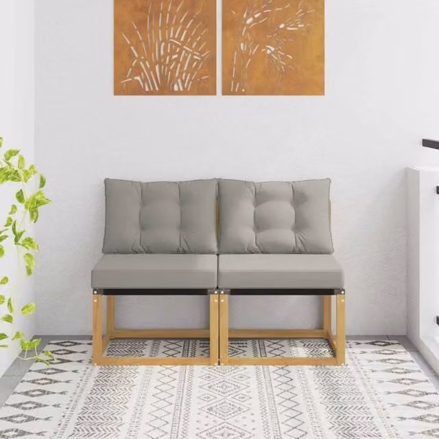 Set di 2 pezzi di divani modulari centrali da esterno Outsunny in legno di acacia con rivestimento in tessuto bianco e grigio per giardino, balcone o terrazza – 1