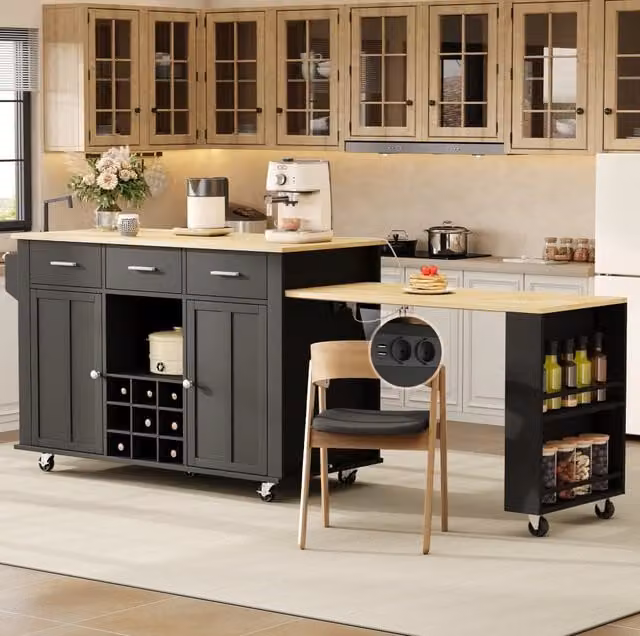 Isola da cucina ULEVR 136(223)x50x93 cm con piano estensibile, 3 cassetti, portabottiglie e prese USB, nero/naturale