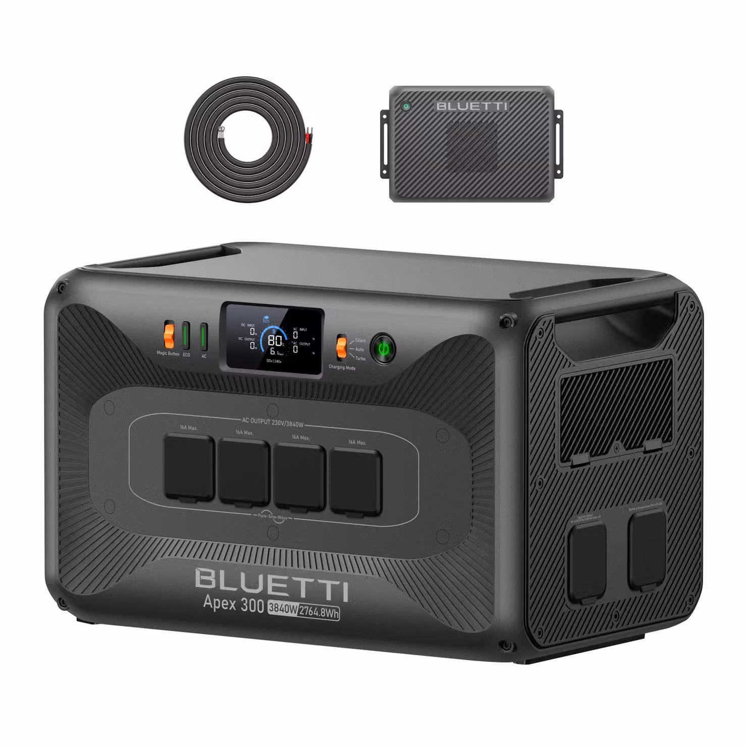 Generatore solare BLUETTI Apex 300 & Charger 2, batteria di riserva da 2764,8 Wh, caricabatterie con alternatore da 1200 W, ricarica rapida in auto in 2,8 ore per viaggi in auto e emergenze