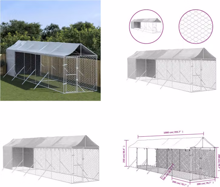 vidaXL Cuccia per cani da esterno con tetto argento 2x10x2,5 m in acciaio zincato - Cuccia per cani da esterno - Cuccia per cani da esterno - Cuccia per cani - Gabbia per cani