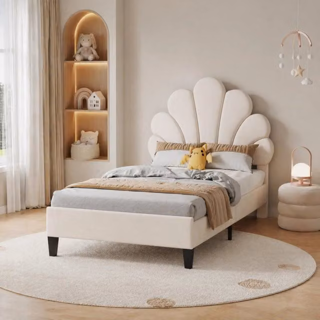 Letto 90x200 cm beige – testiera a fiore e rete a doghe, senza materasso