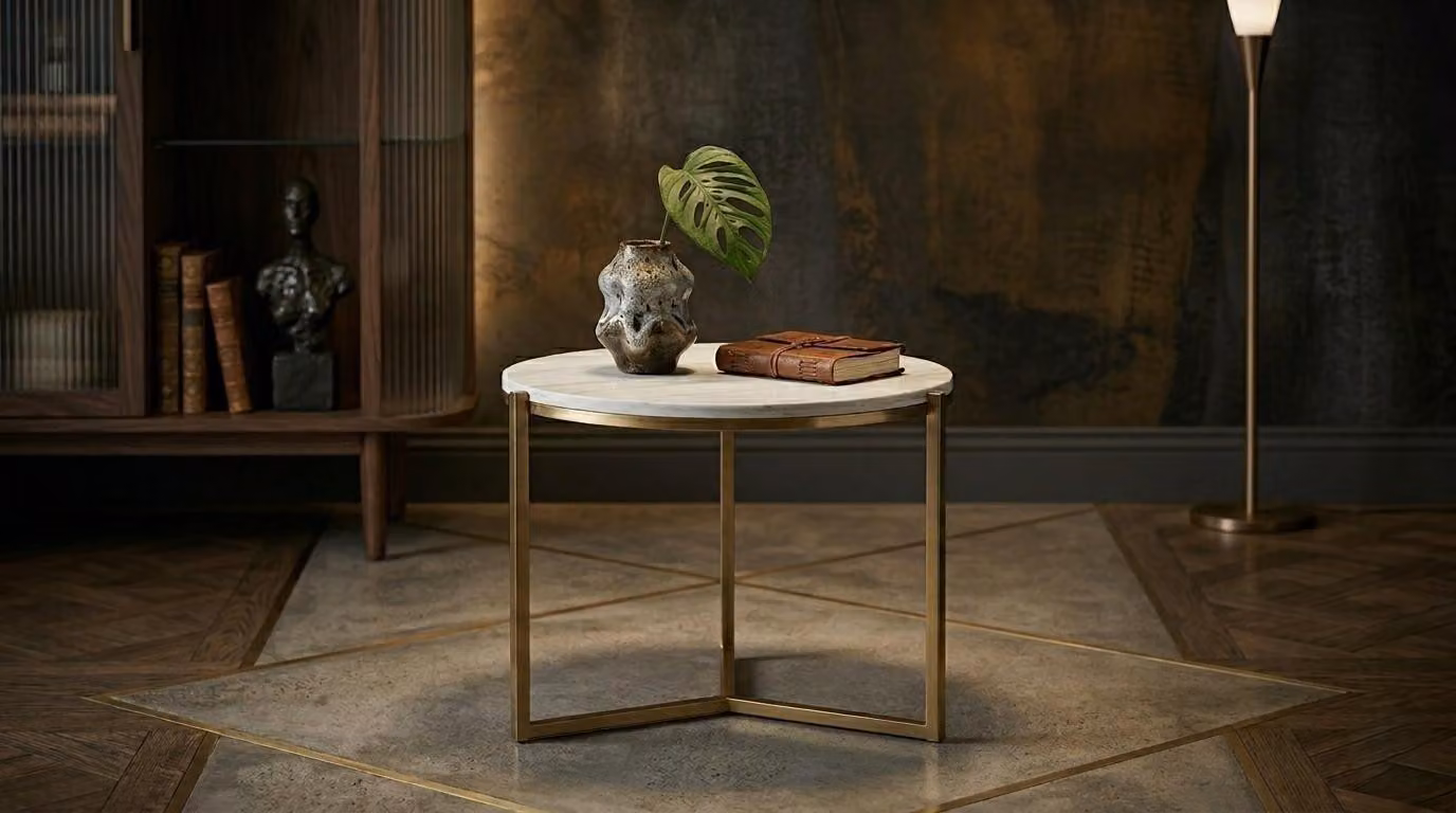 Tavolino elegante con piano in marmo e struttura in metallo