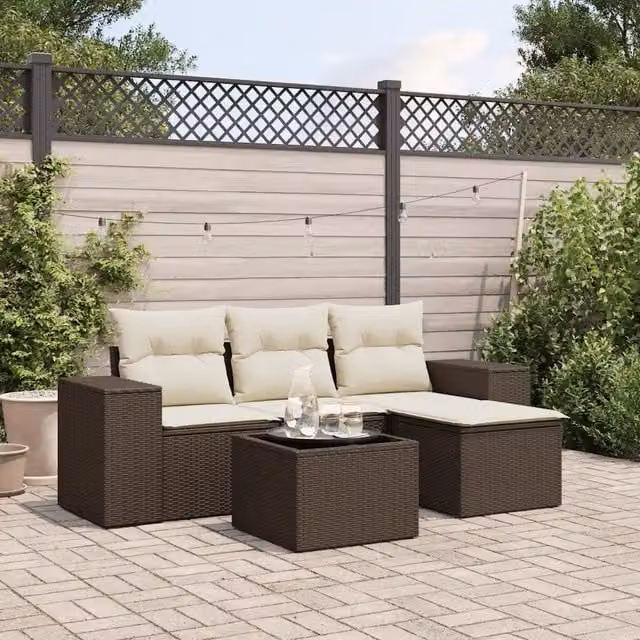 Set Divano da Giardino 5 pz con Cuscini-Sofa da Giardino-Divanetto da esterno Marrone in Polyrattan 653496