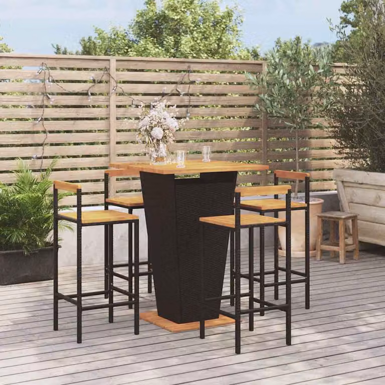 Set Bar da Giardino vidaXL in 5 Pezzi Nero con Polyrattan e Legno di Acacia Oliato