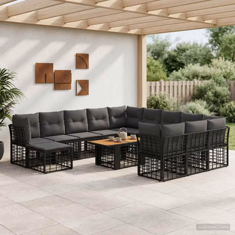 Set Divano da Giardino vidaXL 13 pz in Polyrattan Nero e Grigio con Cuscini e Tavolino da Esterno a Forma di U