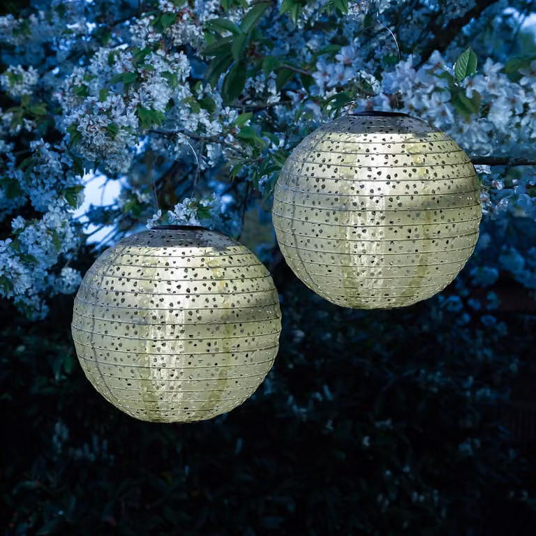 Lanterne solari a LED - con motivo floreale - LED bianco caldo - diametro: 25 cm - sensore di luce - verde - 2 pezzi