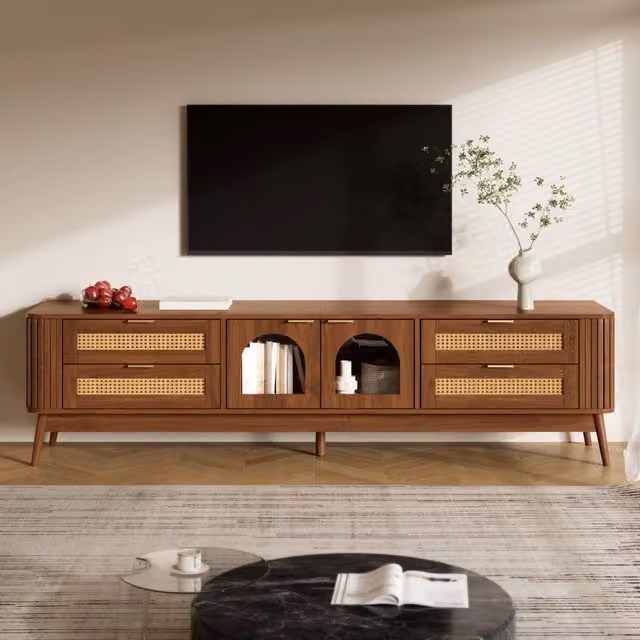 Mobile TV con illuminazione LED controllabile da applicazione, 4 cassetti e 2 ante in vetro, noce, 180 × 40 × 50 cm