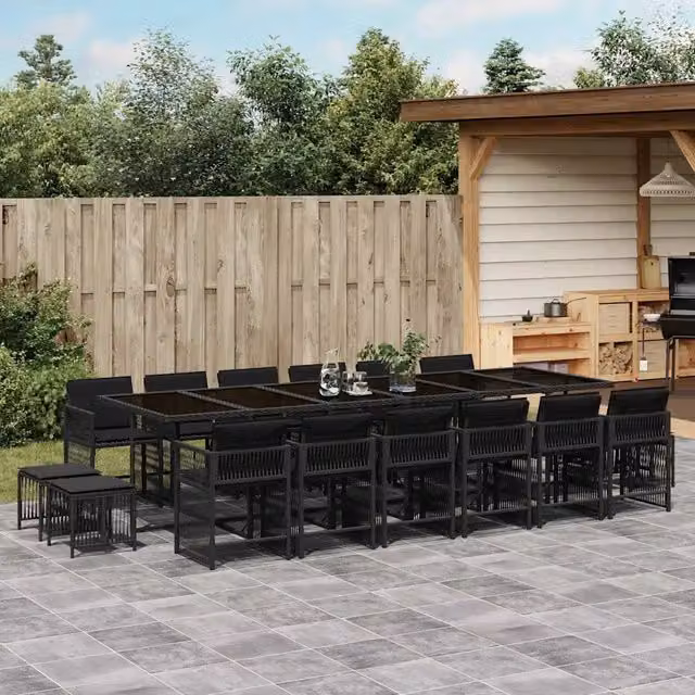 Set da pranzo da giardino vidaXL in polyrattan nero con cuscini e tavolo in vetro, 17 pezzi – 1