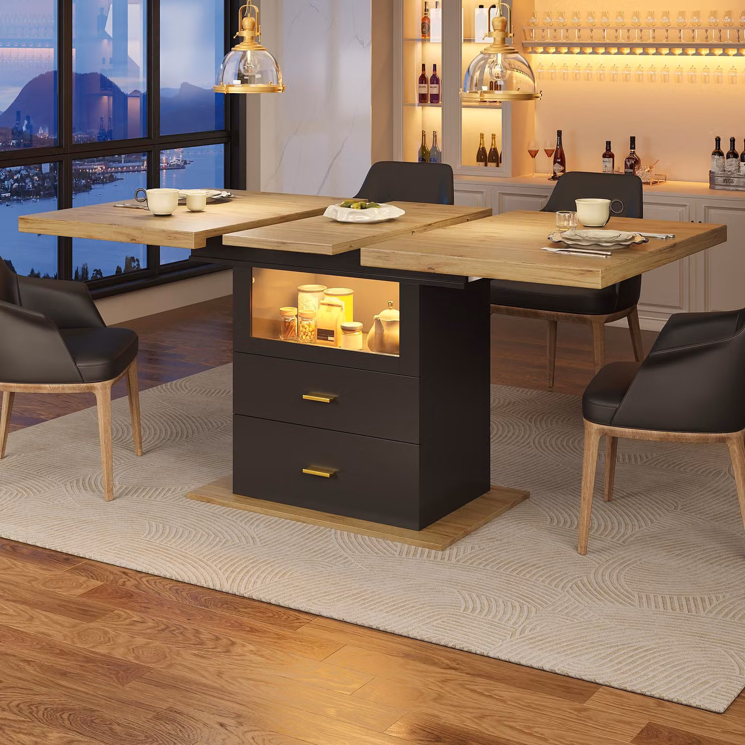 Tavolo da pranzo allungabile Flieks con illuminazione a LED per sala da pranzo e cucina, tavolo per 6 persone, 110-140 x 80 x 75 cm, legno naturale + nero