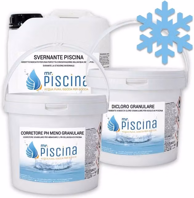 Kit di prodotti chimici Mrpiscina per la chiusura invernale della tua piscina, con cloro granulare e prevenzione alghe, per volumi da 50 a 100 m³