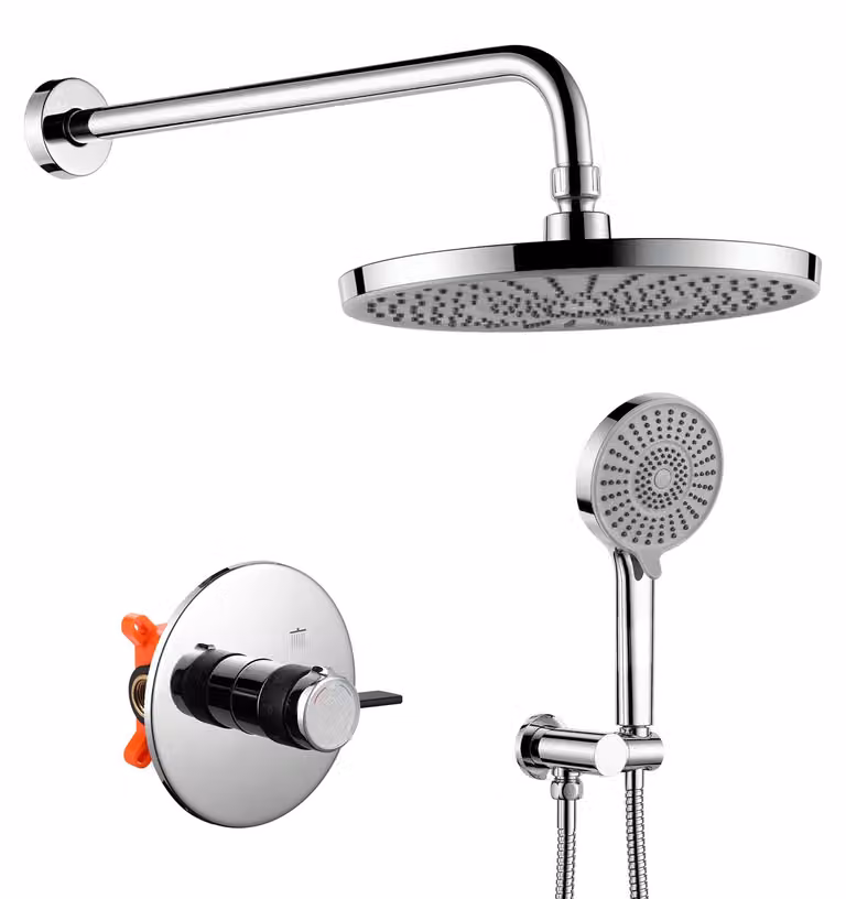 Sistema doccia integrato con termostato, soffione a pioggia da 25 cm, doccetta manuale, finitura cromata