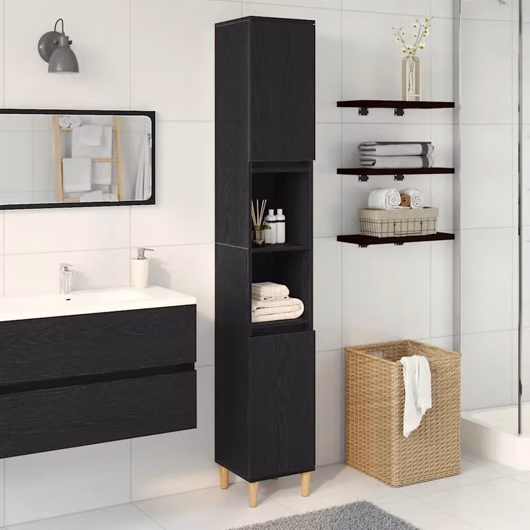 Mobile da bagno moderno vidaXL in legno nero con ante a battente e ripiani interni L/P/H: 30 x 30 x 190 cm