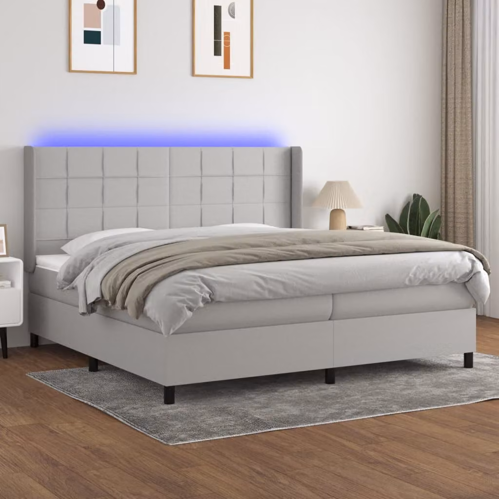 Letto a molle con materasso e illuminazione LED vidaXL in tessuto grigio e bianco, con porta di ricarica USB, L/P/H: 200 x 200 x 203 cm – 1