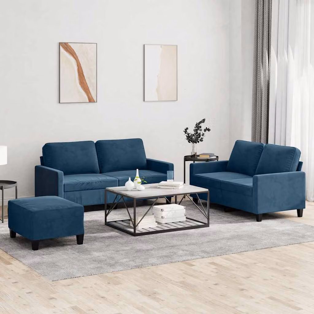 Set di 3 divani vidaXL in velluto blu con cuscini per soggiorno in stile moderno