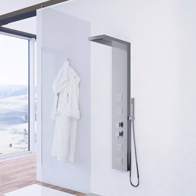 Pannello doccia squadrato acciaio inox spazzolato con doccino, cascata e getti idromassaggio | Lares