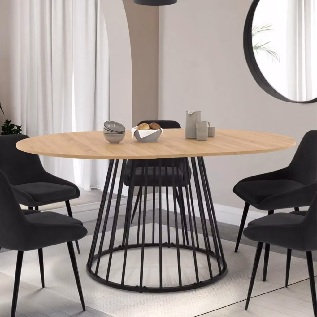 Tavolo da pranzo rotondo allungabile IDMarket YUNA per 4-8 persone con piano in legno marrone e base in metallo nero, Diametro: 110-150 cm, Altezza: 75 cm – 2