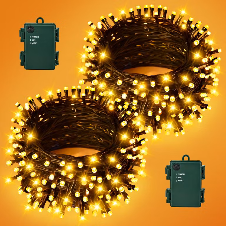 Catena luminosa da 16 metri, con 160 LED, luce bianco caldo, grado di protezione IP65, timer integrato, confezione da 2 pezzi