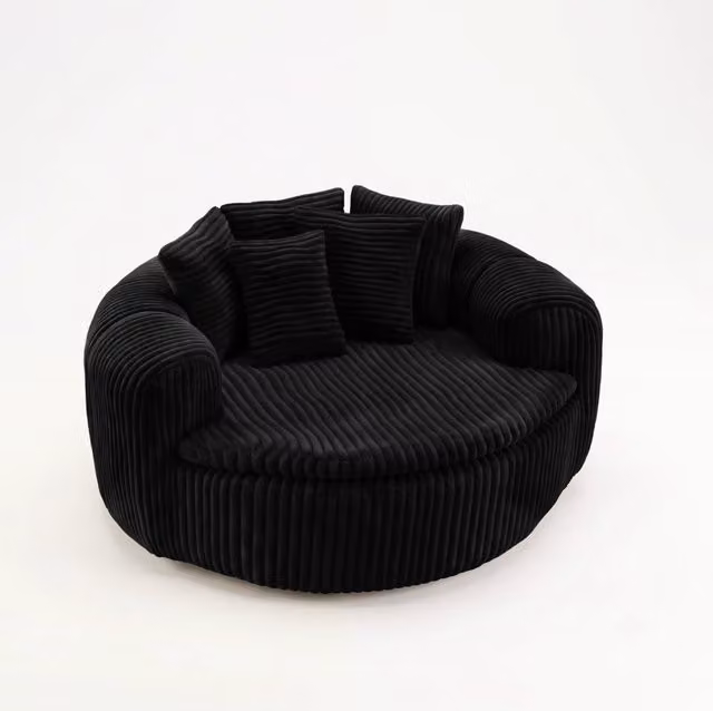 Poltrona Lounge in tessuto a coste con cinque cuscini, seduta profonda imbottita, braccioli avvolgenti, 145x133x59 cm, nero