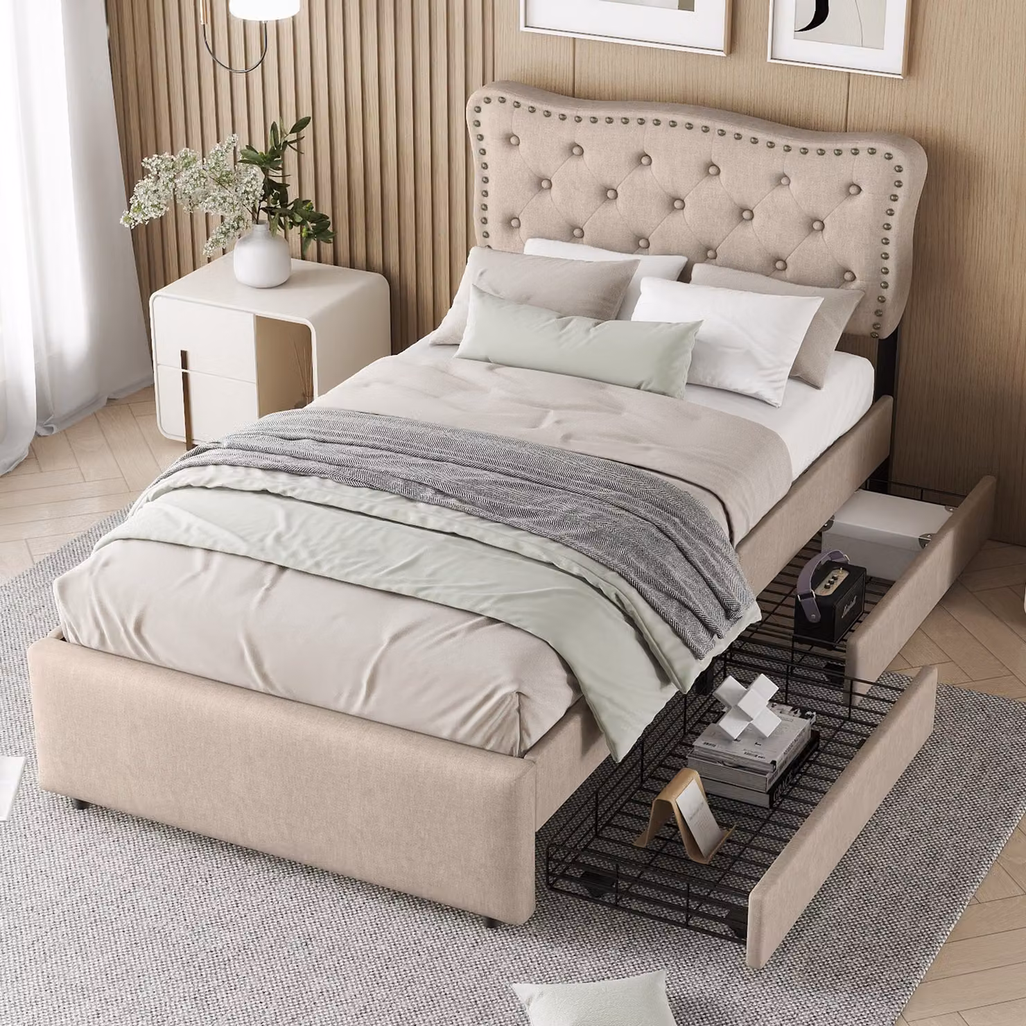 Letto imbottito Fortuna Lai 90x200cm con 2 cassetti e testata regolabile in altezza con rivetti decorativi, letto singolo, beige scuro