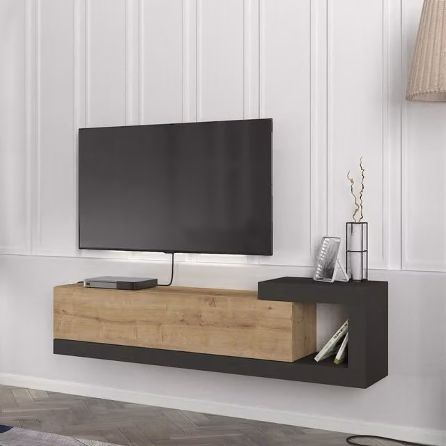 Mobile TV sospeso en.casa con anta a ribalta e scomparto laterale aperto, Effetto Rovere e Antracite, L 150 x P 29,5 x H 38,5 cm