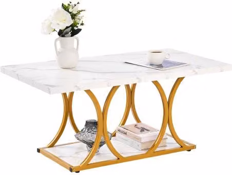 VEVOR Tavolino da Caffè Rettangolare Bianco con Effetto Marmo e Struttura in Metallo, Tavolo da Soggiorno Minimalista a 2 Livelli, L 100 x P 55 x H 45 cm