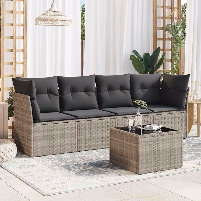 vidaXL Set Divano da Giardino a L con Cuscini Grigio Chiaro e Tavolino da Esterno in Polyrattan e Acciaio