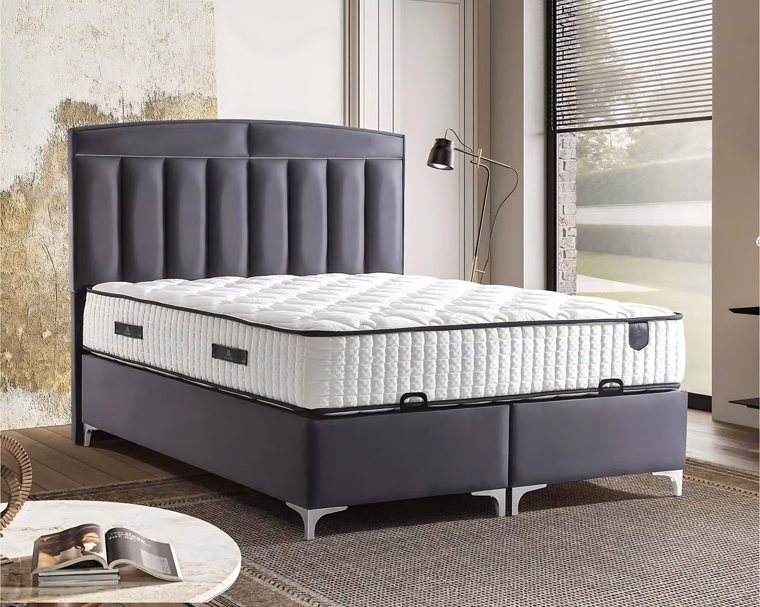 Modernes graues Bett mit Matratze aus Textil und Holz
