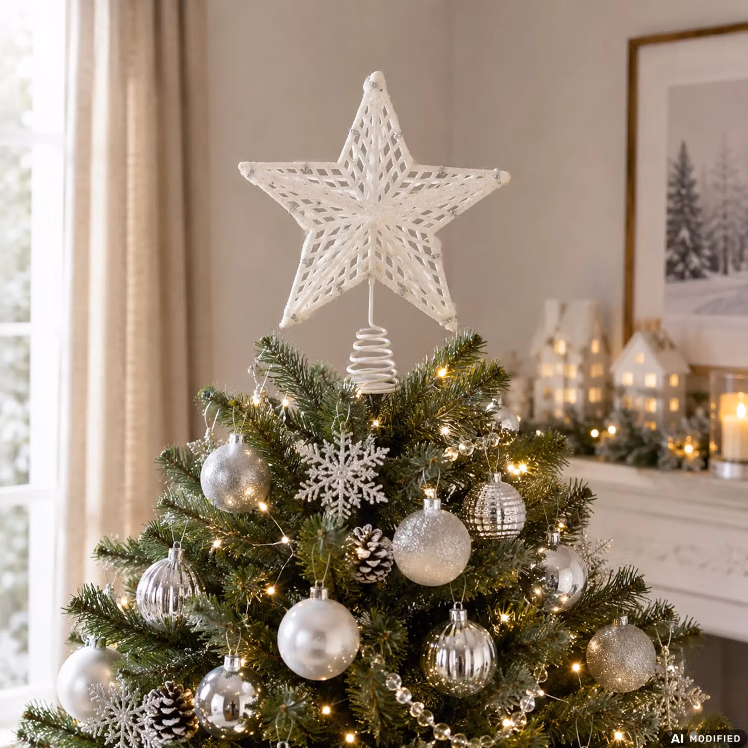 Puntale Stella per Albero di Natale VESTIAMO CASA Bianco e Argento con Glitter, Altezza: 27 cm – 2