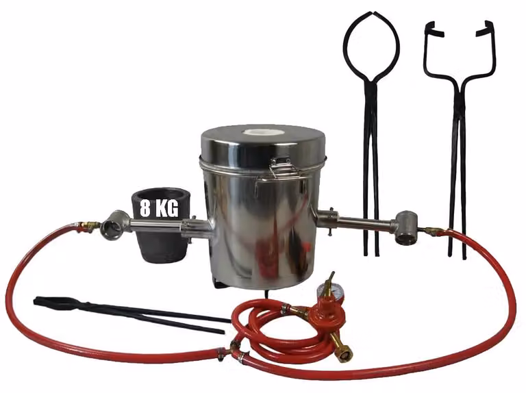 Fornace per fusione dei metalli - Set combinato F2K+8HQ - Capacità: 8 kg - 2 bruciatori a gas - 2 pinze - Adatto per oro, argento e alluminio