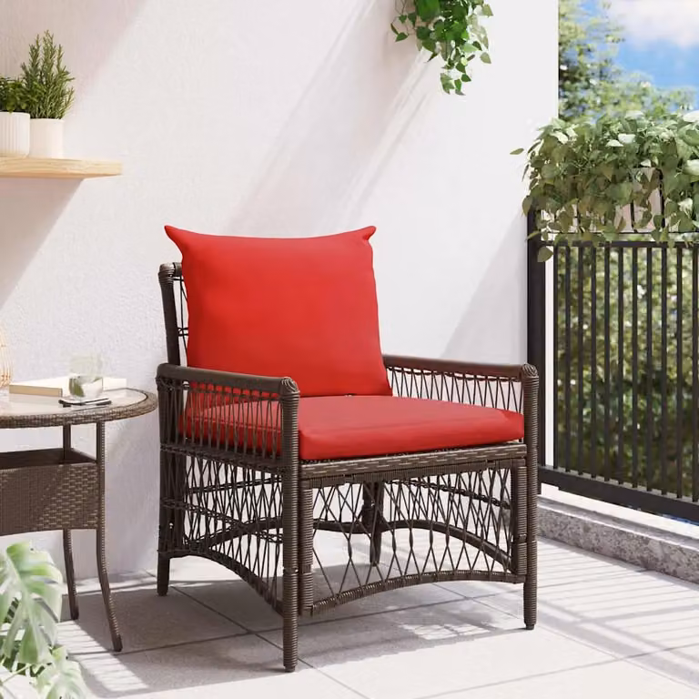 Sedia da giardino moderna vidaXL in polyrattan marrone con cuscini e braccioli