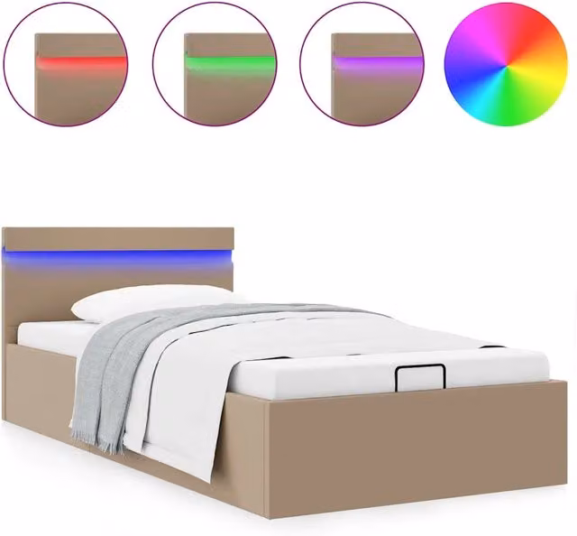 Letto singolo | Letto per adulti | Giroletto Idraulico con LED Cappuccino Similpelle 90x200 cm