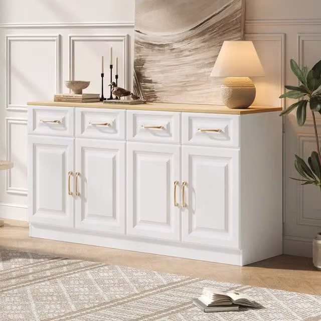 Credenza con 4 cassetti e 4 ante, ripiani regolabili, per cucina e soggiorno, bianco e rovere, 140 × 40 × 75 cm