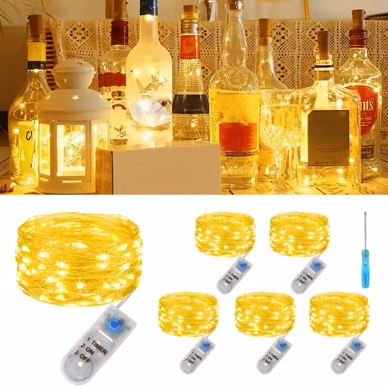 Set di 6 catene luminose a LED, lunghezza 3 metri, 30 LED, luce bianco caldo, con timer, alimentazione a batteria