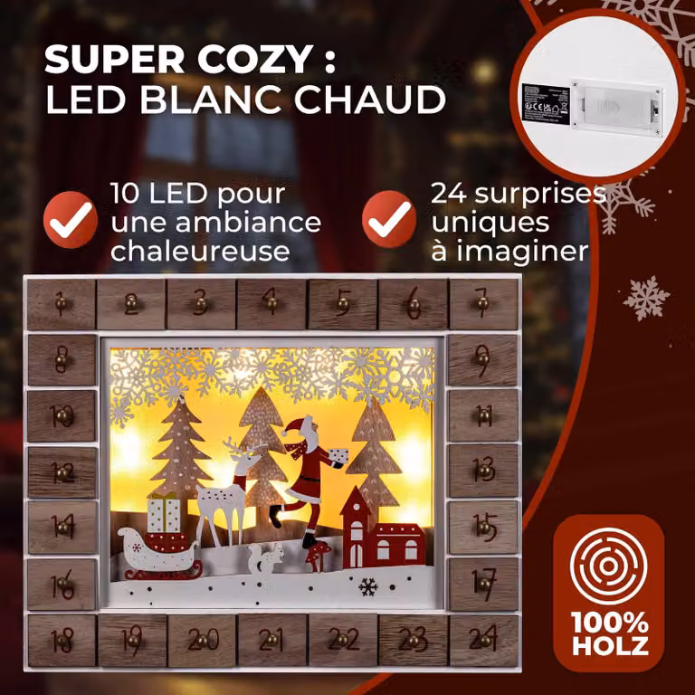 Calendario dell'Avvento in legno con luci LED, 24 porte