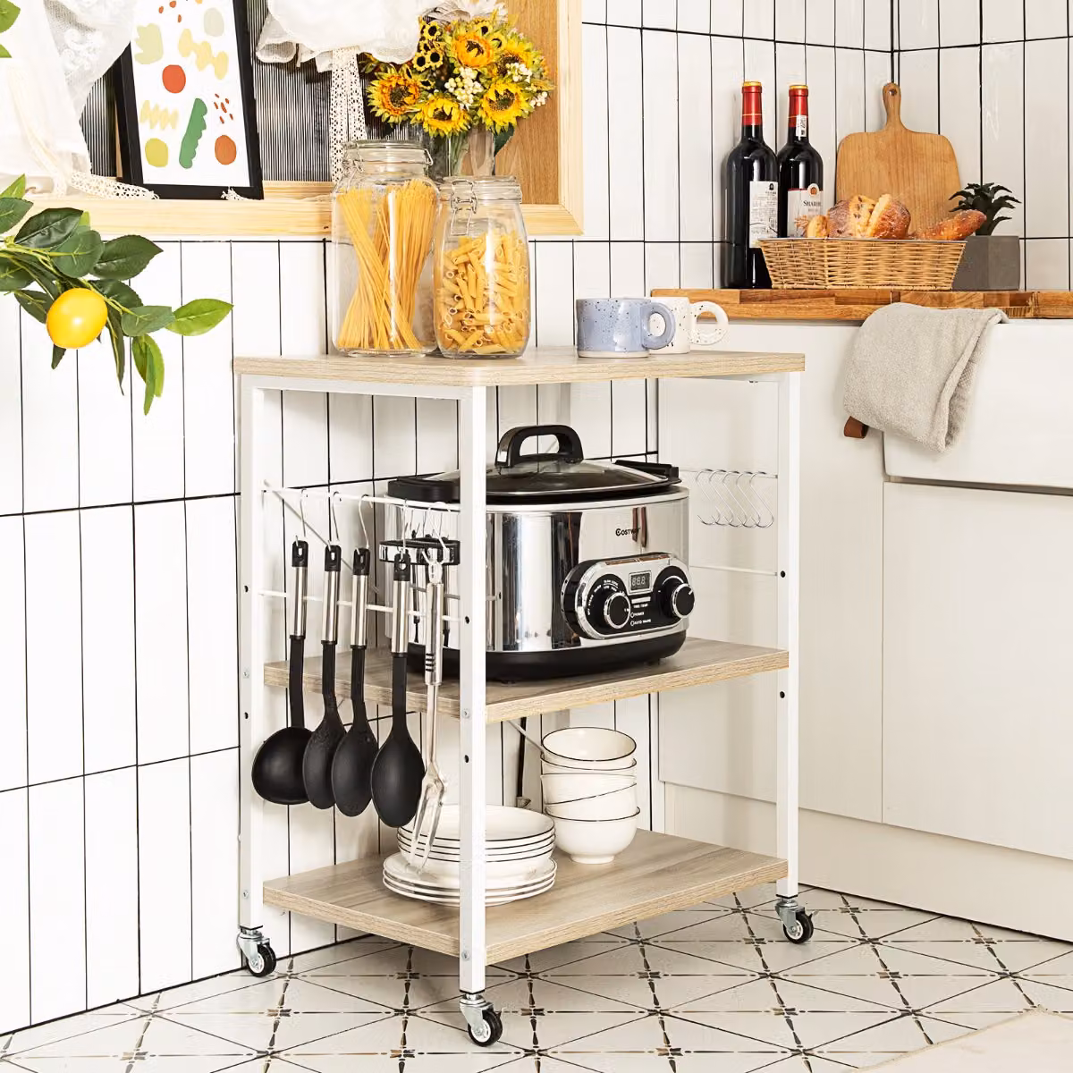 Costway Scaffale per pasticceria con 3 livelli e 10 ganci rimovibili, Carrellino da cucina moderno in legno e metallo, Colore Naturale/Marrone/Bianco