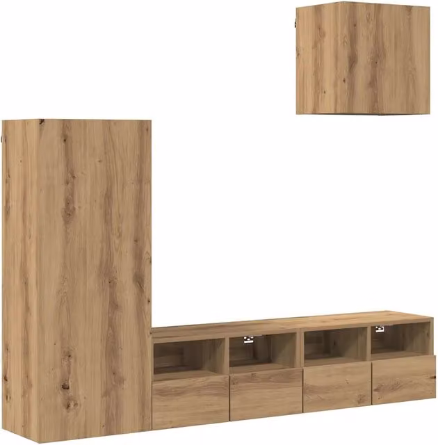 Mobile porta TV a muro in legno multistrato Rovere marrone, design moderno con 4 vani porta media, L: 102 cm, P: 40,5 cm, H: 30 cm – 1