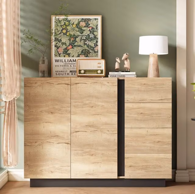 Credenza ULEVR 120x35,5x90,5 cm con 2 ante push-to-open e 4 cassetti, mobile contenitore nero e naturale