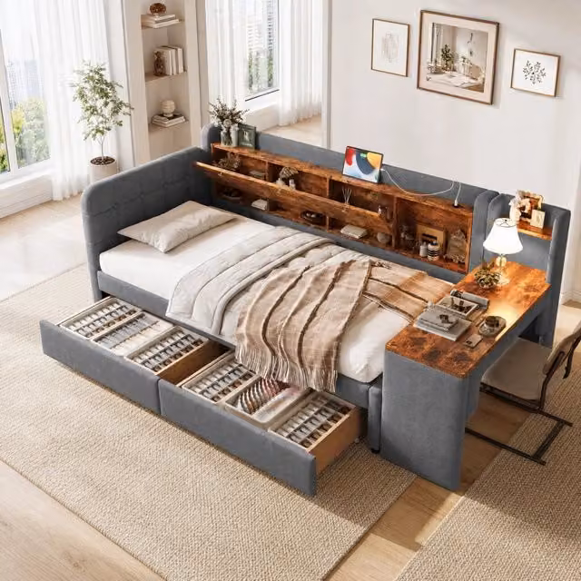 Letto singolo 90 × 200 cm con scrivania due cassetti USB e Type-C rivestito in lino grigio con rete a doghe
