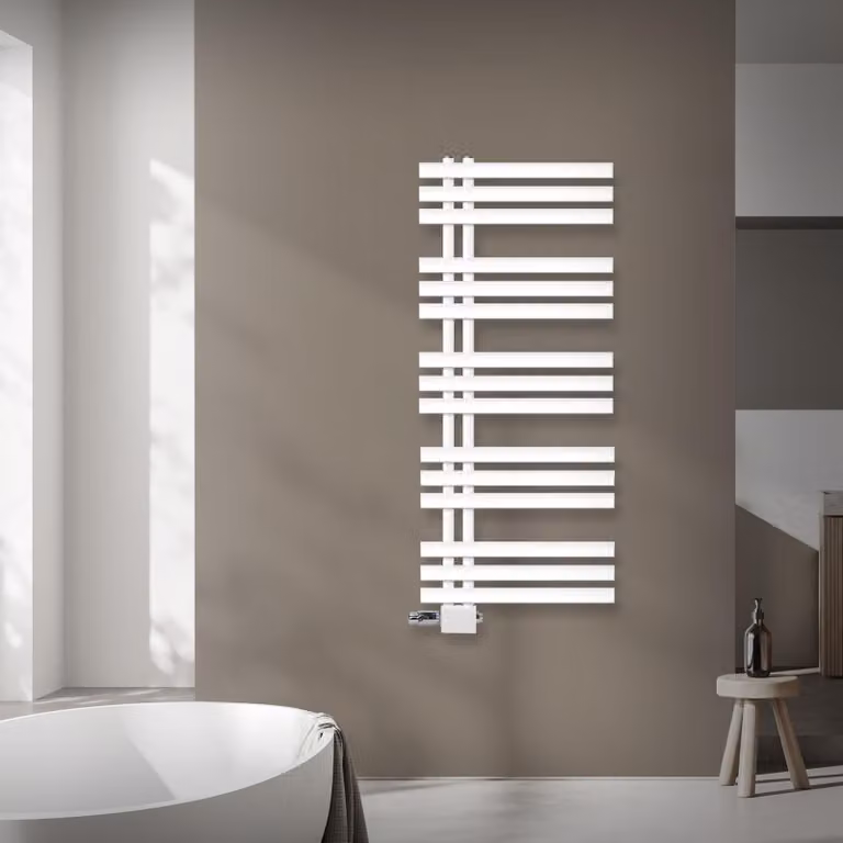 Radiatore da bagno LuxeBath Design, 500x1200 mm, bianco, set di collegamento termostatico ad angolo universale e passante, senza elemento riscaldante