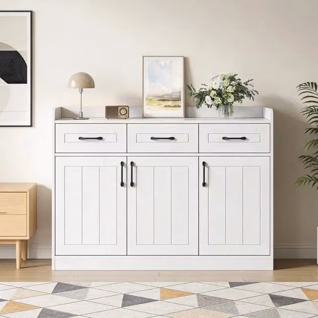 Credenza moderna REDOM in MDF bianco e nero con design a righe per soggiorno e sala da pranzo L: 120 cm, P: 35 cm, H: 80 cm