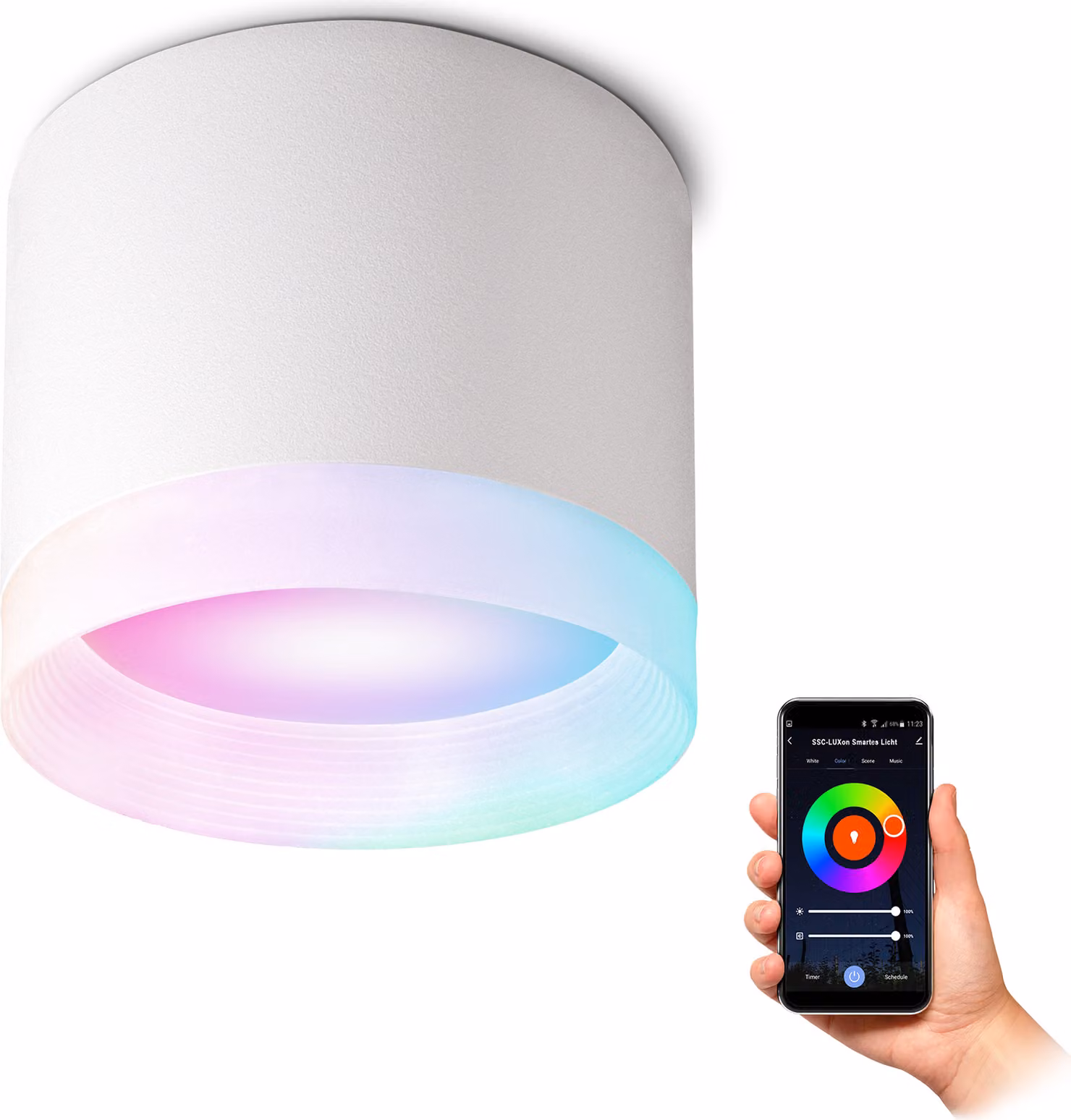 SSC-LUXon plafoniera VORA bianco opaco compatibile con Alexa, Siri e Google - faretto a superficie con Smart Home GX53 LED RGBW WLAN